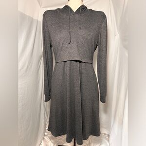 Gray Long Sleeve Hoodie Midi Dress Soft Knit Stretch  Comfy Loungewear M Pockets